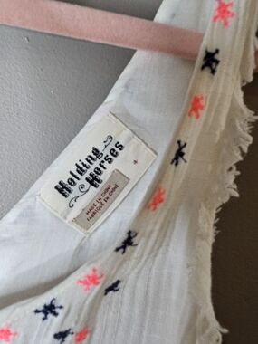 HOLDING HORSES White Midi Dress with Neon Pink & Navy Embroidery